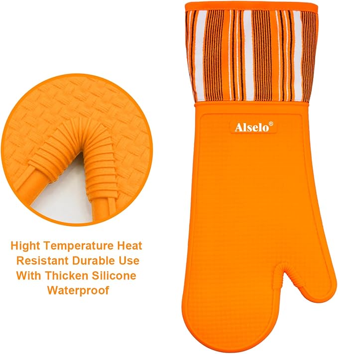 Alselo Silicone Oven Mitts Set, Heat Resistant 550 Degree,7.5"x16" | Extra Long Kitchen Mittens,Waterproof & Non-Silp Oven gloves for Baking Cooking Barbecue Microwave (Extre long Orange, 2)