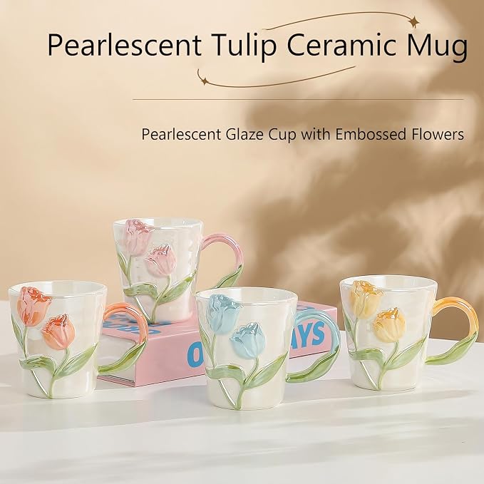 Tulip Flower Ceramic Mug 11.8Oz, Handmade Cute Coffee Tea Cup for Women, Unique Gift for Flower Lovers Mom Friend, Christmas Birthday Surprise, Yellow