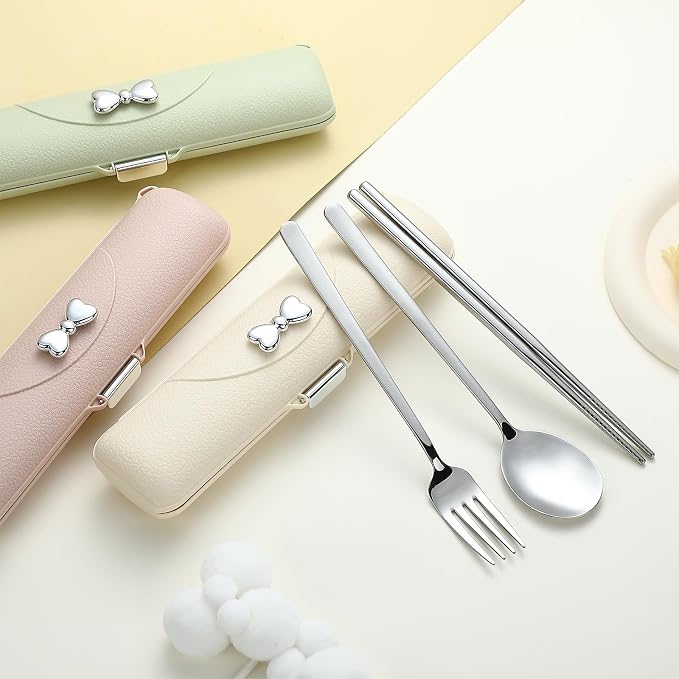 DEVICO Travel Silverware Set with Case,Portable Lunch Utensils Set for Work | 4Pcs 18/8 Stainless Steel Travel Cutlery Set, Fork and Spoon Set for Camping/School/Lunch Box, Dishwasher Safe, Light Yellow