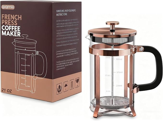 QUQIYSO French Press Coffee Maker, Borosilicate Glass Coffee Press | Thickened Glass Stainless Steel Coffee French Press,Easy to Clean,4 Filter Suitable for Kitche Camping Gifts (21oz, Copper)
