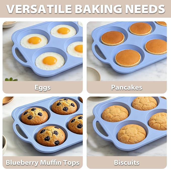 Nonstick Silicone Muffin Top Pan: 6-Cavity 4 Inch Jumbo Silicone Egg Mold | 2 Pcs with Metal Frame for Baking Breakfast Sandwich Hamburger Buns Whoopie Pie Egg Bites - Easy Clean Oven Safe Toeusog