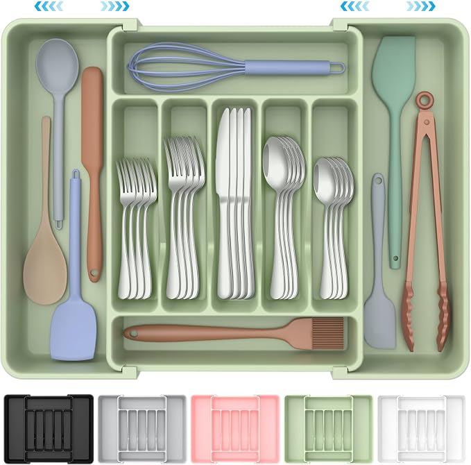 ukeetap Extra Large Expandable Silverware Organizer, Flatware Tray, Green | BPA-Free Food-Safe Kitchen Utensil Cutlery Drawer Organizer, Adjustable Silverware Holder for Spoons Forks Knives