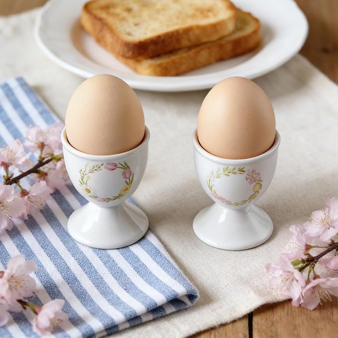 Cinf Ceramic Egg Cup Set, 2 Pack, Floral Boiled Egg Holders for Breakfast | Set of 2 ceramic egg cups, elegant floral design, stable base, easy to clean, ideal for boiled eggs and breakfast serving