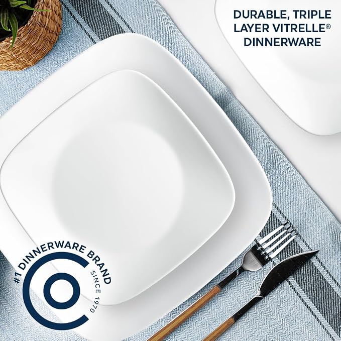 Corelle Vitrelle 6-Piece Salad Plates Set, Triple Layer Glass and Chip Resistant, Lightweight Square 9-Inch Plates, White