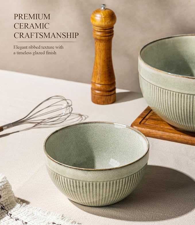 GBhome Ceramic Mixing Bowls Set of 3, Stoneware Nesting Serving Bowls, | 45/90/150 oz For Prep, Baking, Serving, Gift, Microwave and Dishwasher Safe, Ribbed Dishware Collection,Desert Sage