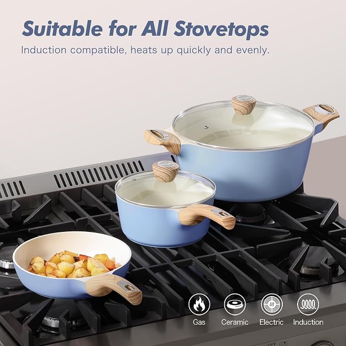 SENSARTE Ceramic Pots and Pans Set Nonstick, Kitchen Cookware Sets, 14-Piece Induction Cookware, Non-toxic Healthy Non Stick Cooking Set, with Frying Pans Set, PFAS PTFE PFOA PFOS Free