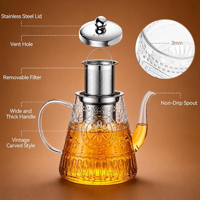1500ml/52oz Large Glass Teapot, Zpose Vintage Tea Pot with Infuser for Loose Tea, Stovetop Glass Tea Kettle with strainer for 6-7 Cups