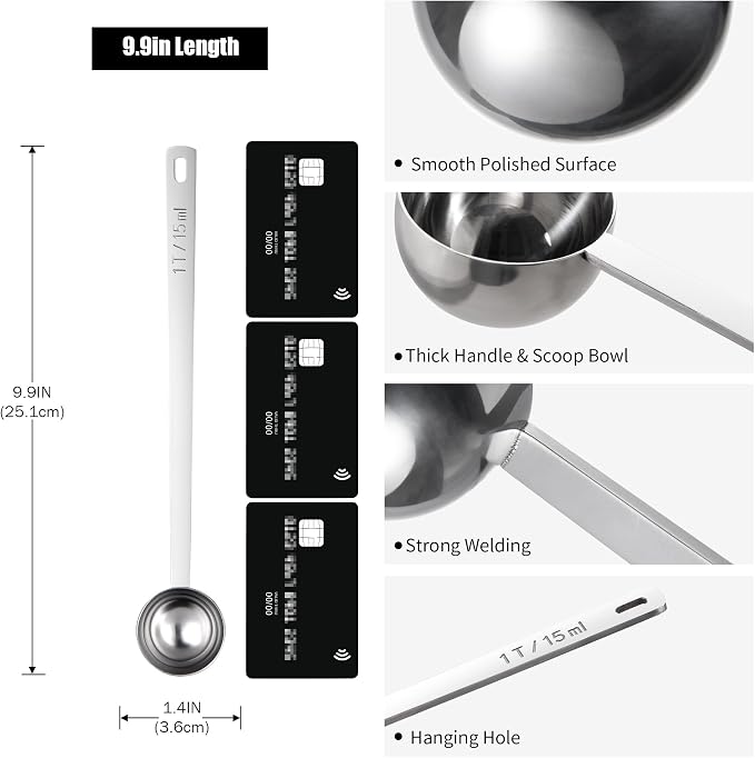 Doosu Metal 8.5in Long Handle Coffee Scoop for Ground Coffee (1 Tbsp) | Food-Grade 18/8 Stainless Steel Measuring Spoon, Tablespoon Scooper for Coffee Beans, Espresso, Protein Powders, Tea, Sugar