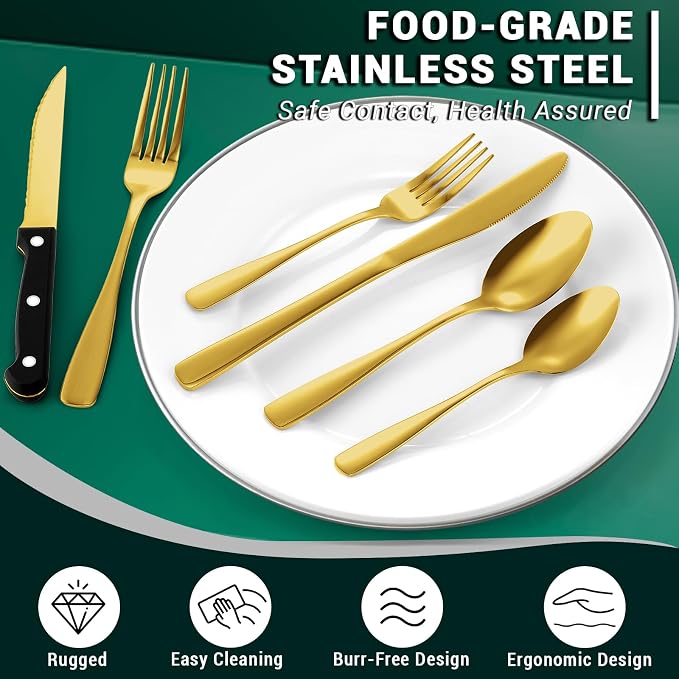 BEWOS 48-Pieces Gold Silverware Set for 8 - Stainless Steel Flatware Set with Mirror Polish, Silverware Sets Including Steak Knives, Forks and Spoons, Dishwasher Safe for Restaurant