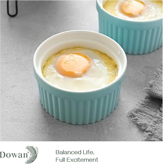 DOWAN 10 oz Porcelain Ramekins - Oven Safe for Creme Brulee & Souffle, Classic Style Baking Bowls, Set of 6, Blue