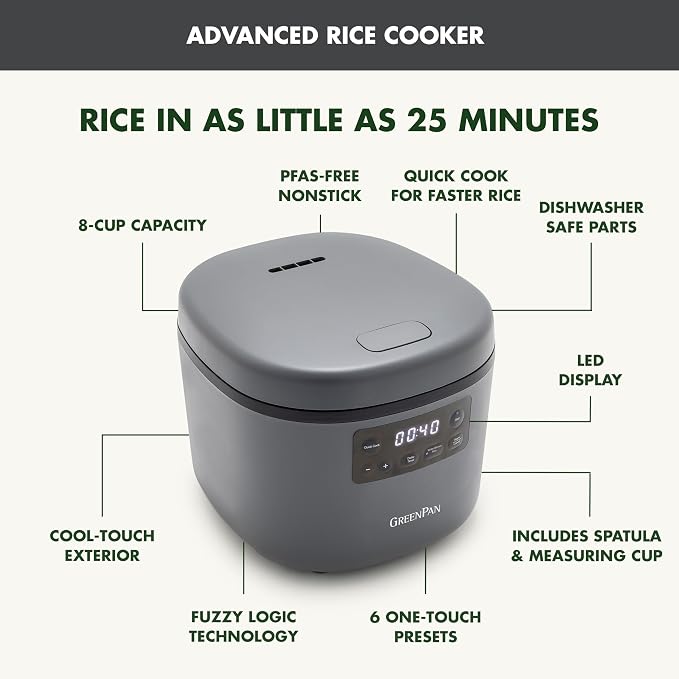 GreenPan Advanced Rice Cooker, 4-Cups Uncooked/8-Cups Cooked, Removable Nonstick Ceramic PFAS-Free Pot, White & Brown Rice, Family Sized, Quick Cook in 25mins, 6 Presets, Fuzzy Logic Tech, Graphite