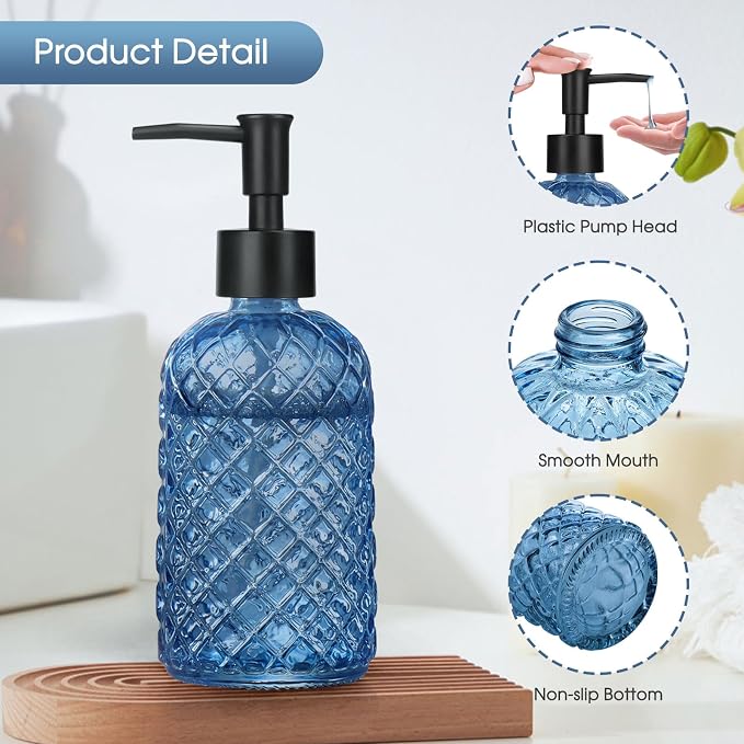 Topsky Gem Glass Soap Dispenser with Black Plastic Pump, 13oz Liquid Hand Soap Dispenser, Rustproof Pump for Kitchen & Bathroom, Great for Lotions, Essential Oil, Liquid Soaps-Blue