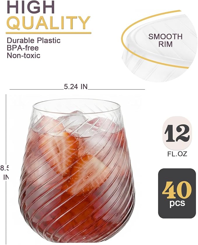 40 Pack Plastic Wine Glasses, 12 Oz Disposable Cocktail Whiskey Glasses | Spiral Stemless Champagne Margarita Glasses, Clear Unbreakable Reusable Plastic Cups for Party Wedding Birthday