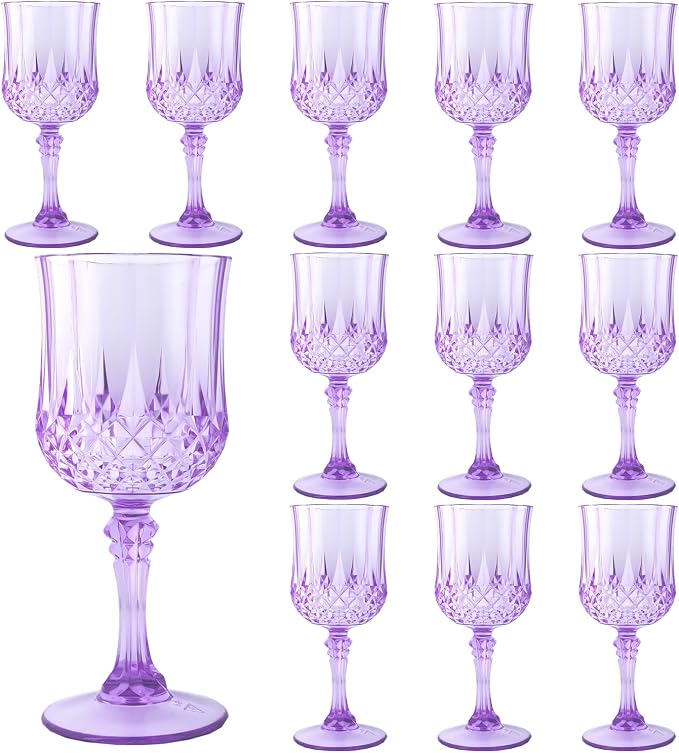 12Pack Plastic Wine Glasses, 7oz Vintage Goblets for Wedding | Unbreakable Crystal Style Reusable Stemware, Elegant Purple Drinking Glass for Party Anniversary & Holiday Celebration