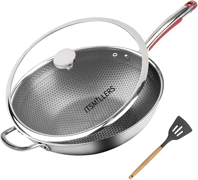 ITSMILLERS Tri-ply Stainless Steel Wok with Lid, 13.5'' PFOA Free Nonstick Stir Fry Pan, Induction Compatible, Dishwasher and Oven Safe, Scratch-resistant Surface