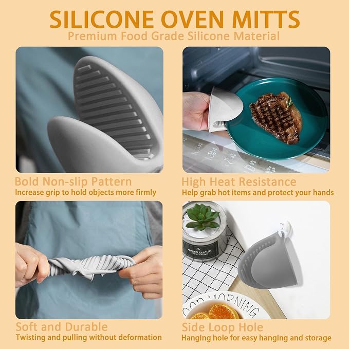 Silicone Trivet Pot Mat and Oven Mitts Sets | Heat Resistant Pot Holder and Mini Non-Slip & Flexible Oven Gloves for Kitchen Baking Cooking, Black