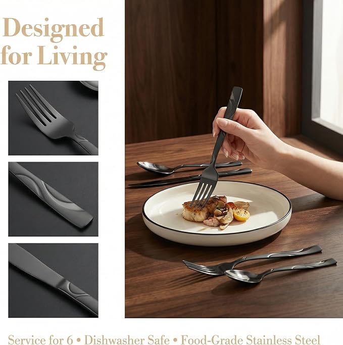 30-Piece Black Silverware Set for 6 | Grade 430 Stainless Steel Flatware Set, Cutlery Set Service for 6, includes Fork Spoon and Knife, Dishwasher Safe