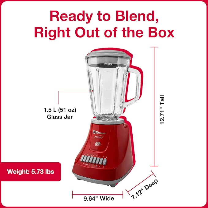 Koblenz LKM-5970 VR Blender, Home and Kitchen Appliances, 500W Motor, 51 Oz | Glass Jar, 10-Speed, Blender for Smoothies, Milkshakes, Purees, 4 Stainless Steel Blades, Metal Coupling, Red, For Gifts