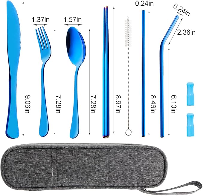 Travel Utensils Set with Case Reusable Portable Cutlery Set Stainless Steel 8pcs Including Dinner Knife Fork Spoon Chopsticks straws(Blue) | Dishwasher Including Dinner Knife Fork Spoon Chopsticks Straws Travel Fork Spoon Knife for Work, School, Campin...