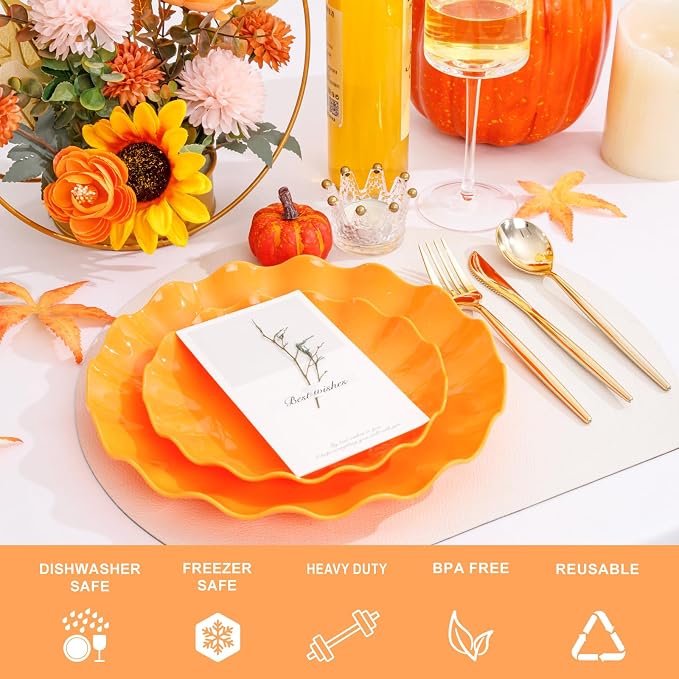 LIYH 50 Pcs Orange Scalloped Plastic Plates, Unbreakable Dishwasher Safe | BPA Free for Halloween Thanksgiving Day (25 Guests) - 10 Inch Dinner Plate and 7.5 Inch Dessert Plates