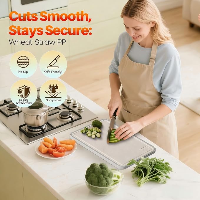 Titanium Cutting Board for kitchen, Dual Sided Food Grade Titanium & Wheat Straw PP, Non Slip Scratch Resistant Easy Clean, 15.5" x 10.5"（1PC）
