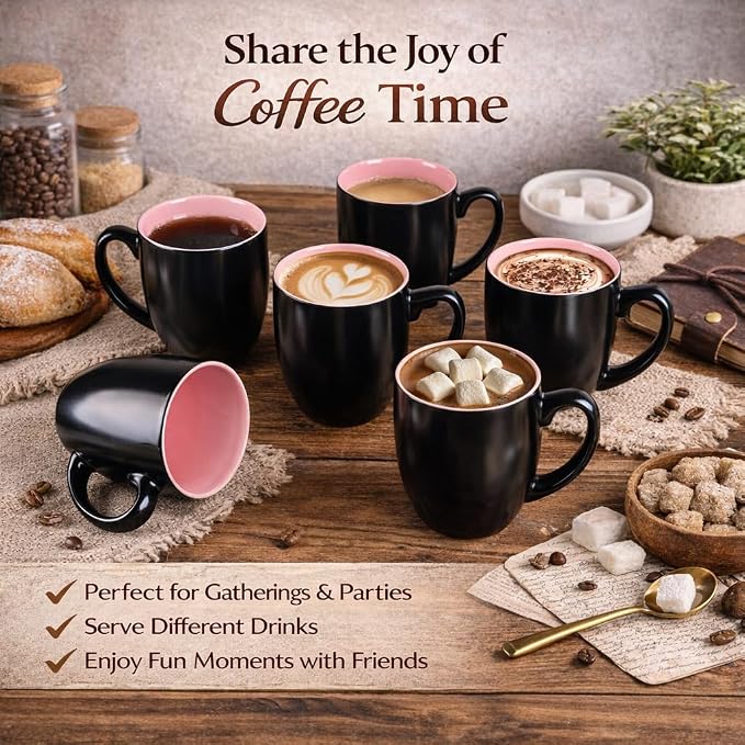 GBhome 16 oz Coffee Mugs Set of 6, Ceramic Coffee Cups- Pink