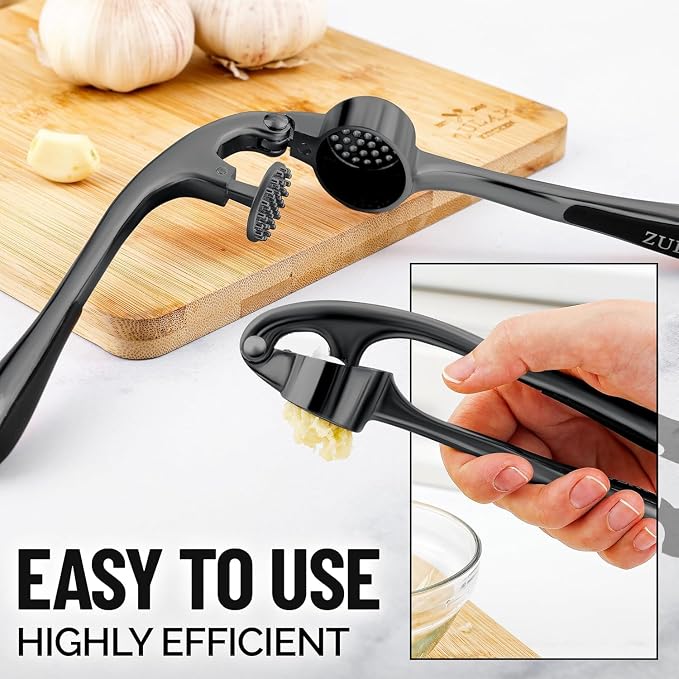 Zulay Kitchen Premium Garlic Press Set - Rust Proof Professional Garlic Mincer Tool - Easy-Squeeze, Easy-Clean with Soft, Ergonomic Handle - Silicone Garlic Peeler & Brush-Dark Gray
