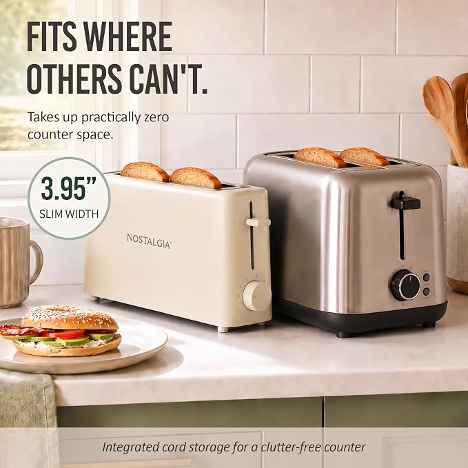 Nostalgia Slim 2-Slice Toaster – Wide Slot – Space-Saving Design – Adjustable Browning Dial – 10-inch Long Slot Fits 2 Slices of Bread or Bagel Halves – Drop-down Crumb Tray – Oatmeal