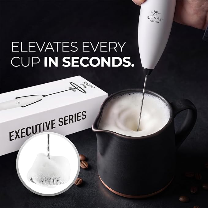 Zulay Kitchen Powerful Milk Frother Wand With Duracell Batteries - Ultra Fast Handheld Drink Mixer - Electric Whisk Foam Maker for Coffee, Lattes, Cappuccino & Matcha - Z1 Motor - Exec White & Black