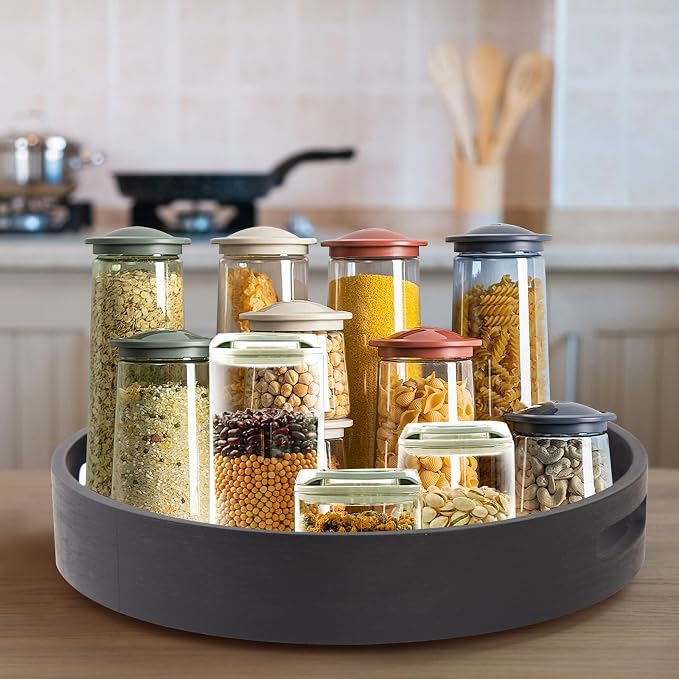 12in Black Bamboo Lazy Susan Turntable with Handle | Rotating Organizer for Table Top, Spinner Turntable for Cabinet, Pantry & Kitchen | Spice & Seasoning Turntable Tray