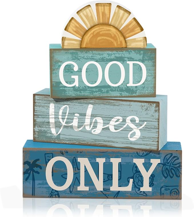 Lineshading 4 Pcs Summer Beach Table Decor Good Vibes Only Wooden Sunshine | Rustic Wooden Coastal Style, California Beach Vibes, Tiered Tray Centerpiece for Living Room, Positive Message Display