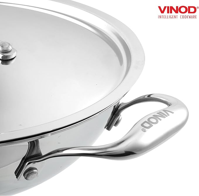 Vinod Platinum Triply Kadai with Lid, Extra Deep, 20cm, for Home Kitchen | Induction And Electric Friendly Stainless Steel Wok; Suited For Indian Sauces, Stews And Soups