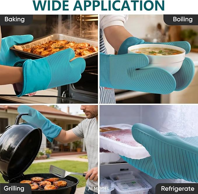 YUTAT Silicone Oven Mitts,High Heat Resistant Up to 500 Degrees,Waterproof Cooking Gloves with Soft Polyester Filling,Kitchen Potholder Set - Perfect for BBQ, Baking and Cooking,Green,2 Pcs Set