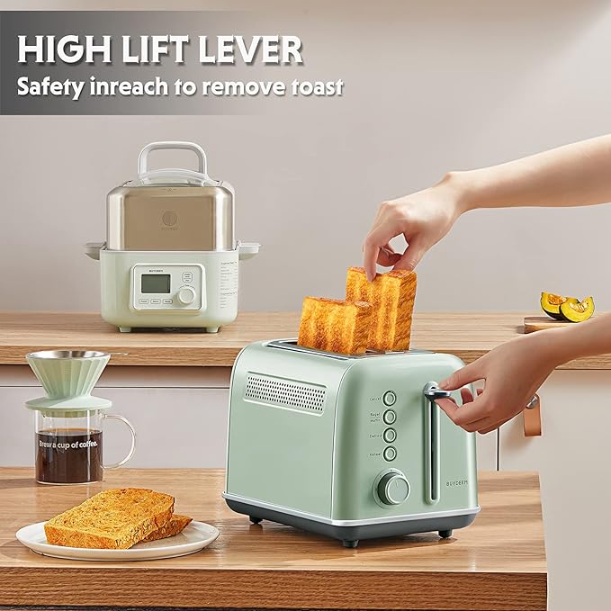 BUYDEEM DT620 2-Slice Toaster, 7 Shade Settings, Extra Wide 1.5'' Slots for Bagel & English Muffin, 6 Toasting Functions, Retro Stainless Steel Toaster with High Lift Lever, Cozy Greenish