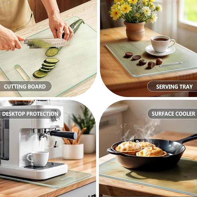 Tempered Glass Cutting Board for Kitchen Counter, 16"x12" Clear Chopping Board with Handle, Non-toxic, Plastic Free, Scratch Resistant, Heat Resistant, Dishwasher Safe, Easy to Clean