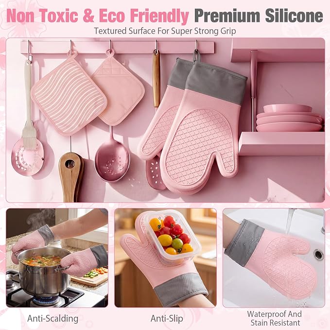 Pink Oven Mitts and Pot Holders 7 Sets, Pink, Rubber Cotton, Stripes | Heat Resistant Kitchen Gloves, Pads Pot Holders for Women, Chritsmas Gifts Kitchen Accessories Gift