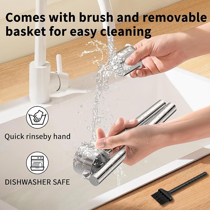 5-in-1 Stainless Steel Garlic Press Set with Large Chamber & Mincer - Heavy Duty Rustproof Garlic Crusher with Ergonomic Handle, Dishwasher Safe, Easy Squeeze Design for Ginger, Nuts, Herbs (Large)