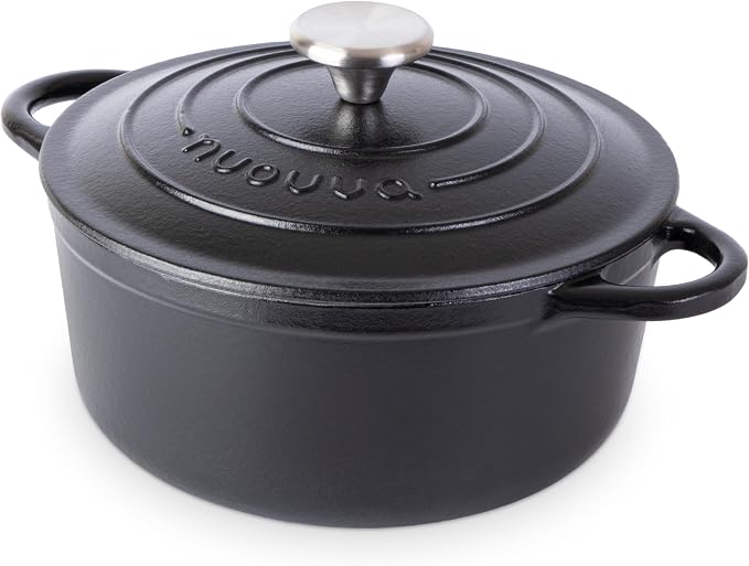 Cast Iron Dutch Oven with Lid - Non-Stick Ovenproof Enamelled Casserole Pot - Sturdy Dutch Oven Cookware - Black, 3.1-Quart, 22cm- by Nuovva