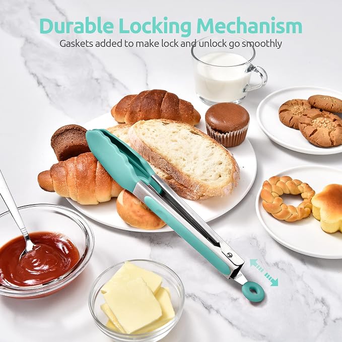 U-Taste Kitchen Tong for Cooking, 600ºF Heat-Resistant Tps, 9in/Aqua Sky | Rubber Tong for Serving Food, Salad/Grill/BBQ/Steak/Pasta Silicon Tongs, 18/8 Stainless Steel Handle & Smooth Locking