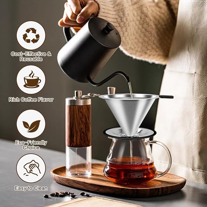 Large Size Pour Over Coffee Dripper, Stainless Steel Coffee Filter, Paperless Reusable Coffee Filter, Double Micromesh 600 Mesh Strainer Coffee Maker with Heat-Resistant Silicone Handle & Base