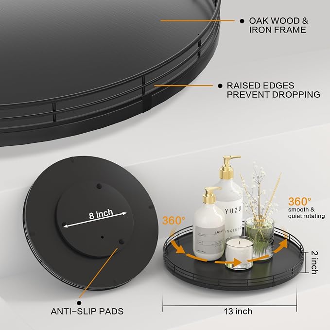 Oroyutor 13-Inch Oak Lazy Susan Spice Organizer, Black Finish | Rotating oak tray organizes spices, toiletries and decor on kitchen counters, bathroom vanities, dining and coffee tables.