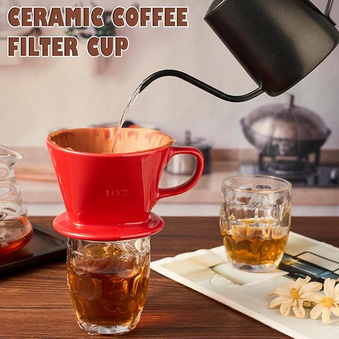 Pour Over Coffee Dripper, Ceramic Pour Over Coffee Maker, Red | 3 Holes Flat Bottom, Easy Manual Brew Maker, Porcelain Slow Filter Cone for Travel, Camping, Office, Home