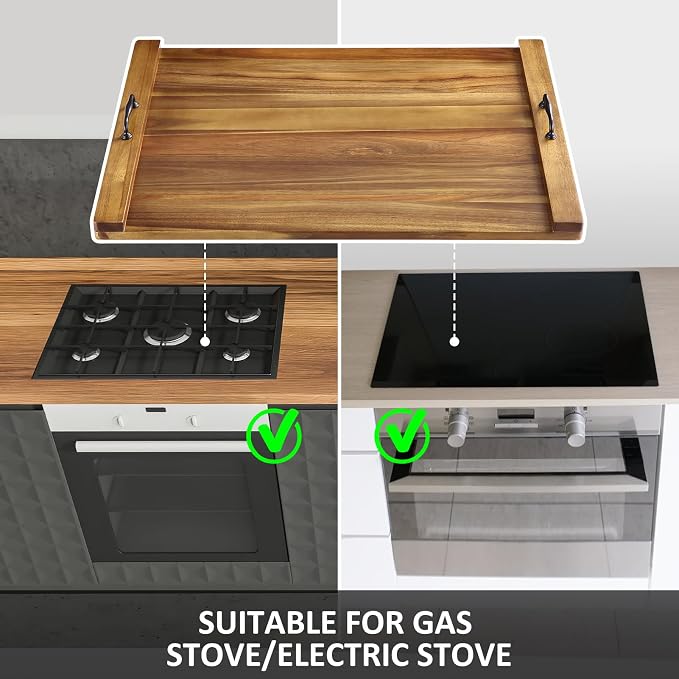 Garvee Acacia Wood Noodle Board Stove Cover 30x22 in, Stove Top Cover | Large Cutting Board Butcher Block with Dual Handles, for Electric & Gas Stovetop