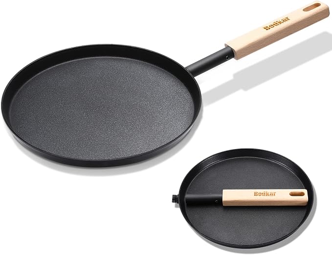 bodkar 8-inch Frying Pan Skillet Flat Crepe Pan, Lightweight Grill Pan with Wooden Handle for Camping Indoor Outdoor Cooking | Lightweight Grill Pan with Wooden Handle for Camping Indoor Outdoor Cooking (Black, #1 8-inch)