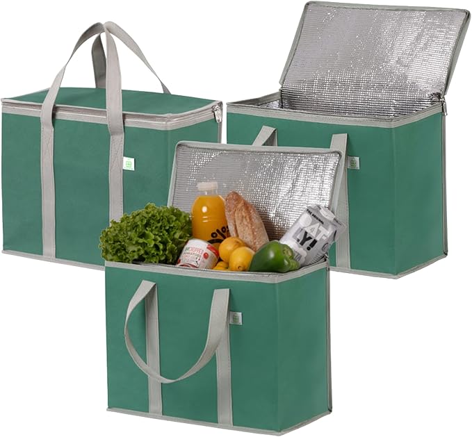 VENO 3 Pack Cooler Bag Insulated Grocery Bags for Food Delivery Heavy Duty | Large Collapsible Cooler, Reusable Shopping Tote with Zippers, Foldable, Stands Upright, for Picnic Camping (Green, 3 Pack)