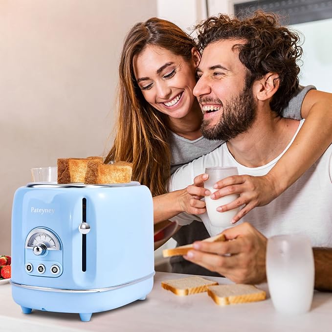Retro Stainless Steel Toaster - 2 Slice, Extra-Wide Slot, 6 Adjustable Settings, Removable Crumb Tray, Defrost, Cancel, Reheat (Light Blue)