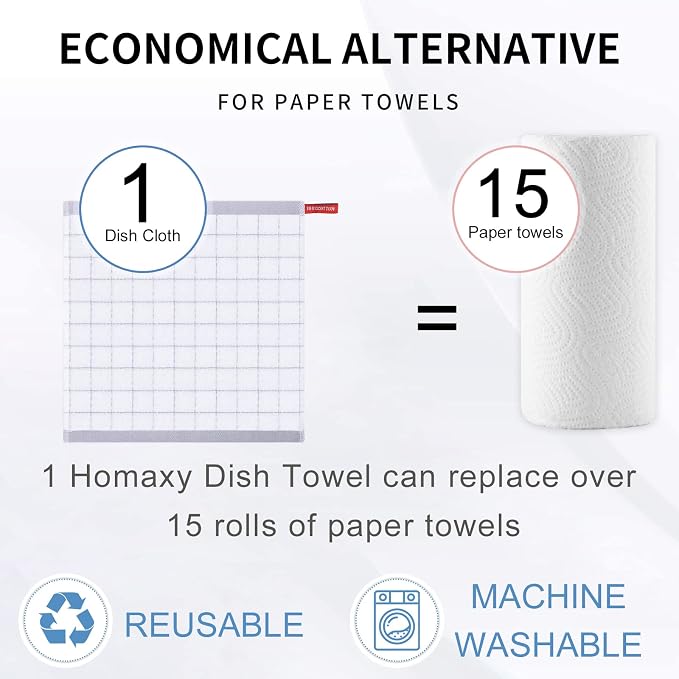 Homaxy 100% Cotton Terry Kitchen Dish Cloths, 6 Pack, White | Ultra Soft and Absorbent, Suitable for Drying and Washing Dishes