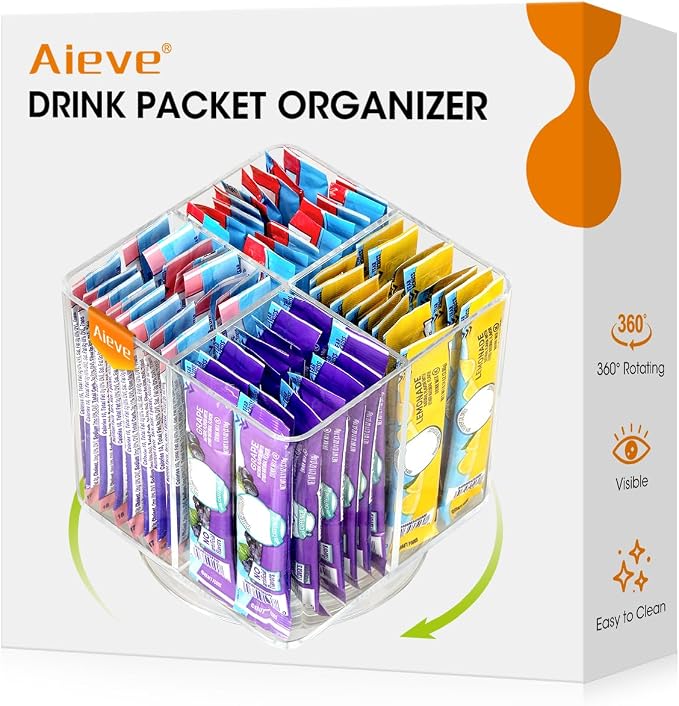 AIEVE Drink Packet Organizer, Lazy Susan Organizer for Water Flavor Packets, Drink Mix Rotating Turntable Sugar Packet Holder Container for Pantry Organizers and Storage, Square