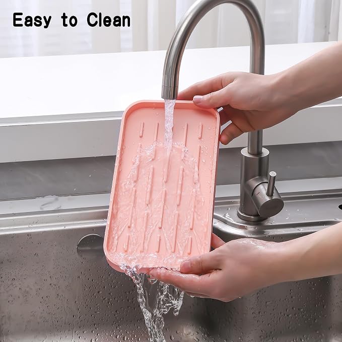 MicoYang Silicone Kitchen Sink Organizer Tray for Multiple Usage,Easy Clean,Eco-Friendly Sponges Holder for Kitchen Bathroom Counter or Sink,Dish Soap Dispenser,Scrubber,Bottle,Cup Pink 10”x 5.3”