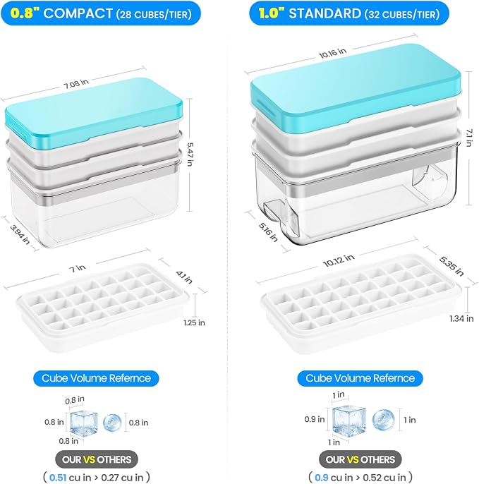 1" Ice Cube Tray with Lid and Bin, Easy Release 96 Cubes for Freezer | Food-grade BPA-free PP and ABS. 1" x 96pcs ice cubes for fruit whiskey, cocktails. Space-saving, stackable with scoop